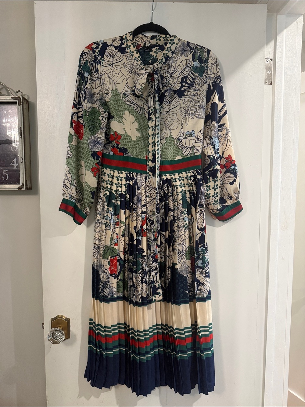 Amazon Floral Pleated Midi Dress in Cream, Navy, Green and Red